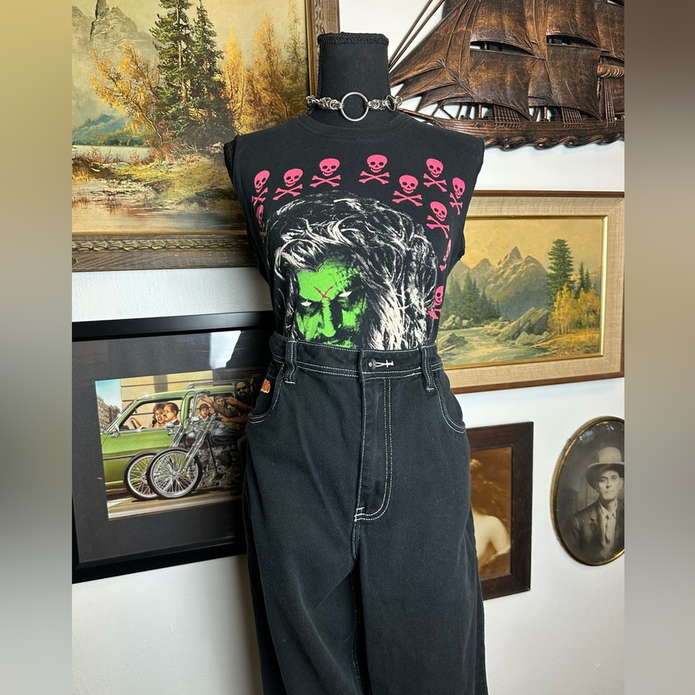 Y2K Baggy White Stitched EMPYRE Black Jeans Waist :8 - Picture 6 of 10
